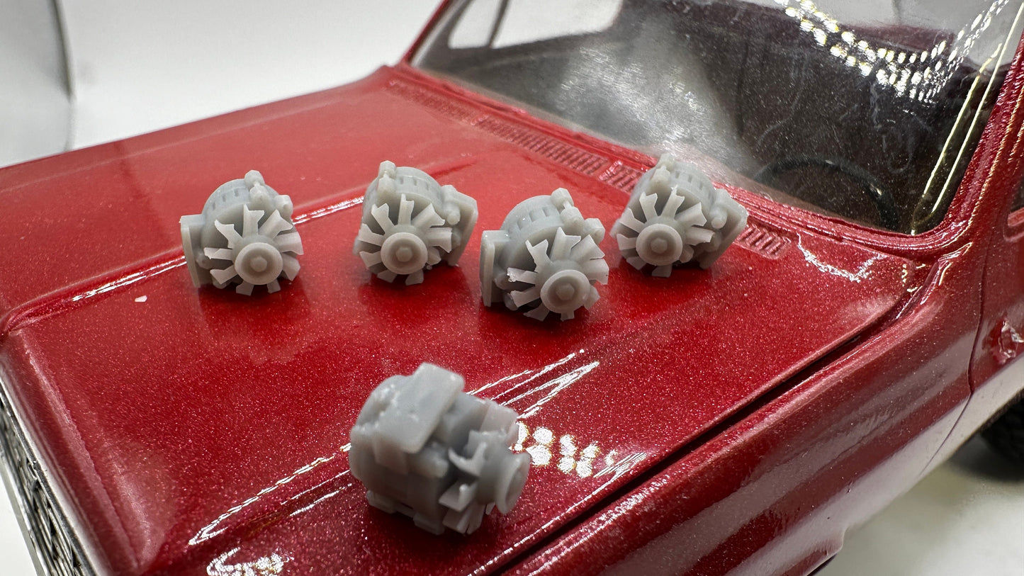 5 older car alternators. 3-D printed. scale model