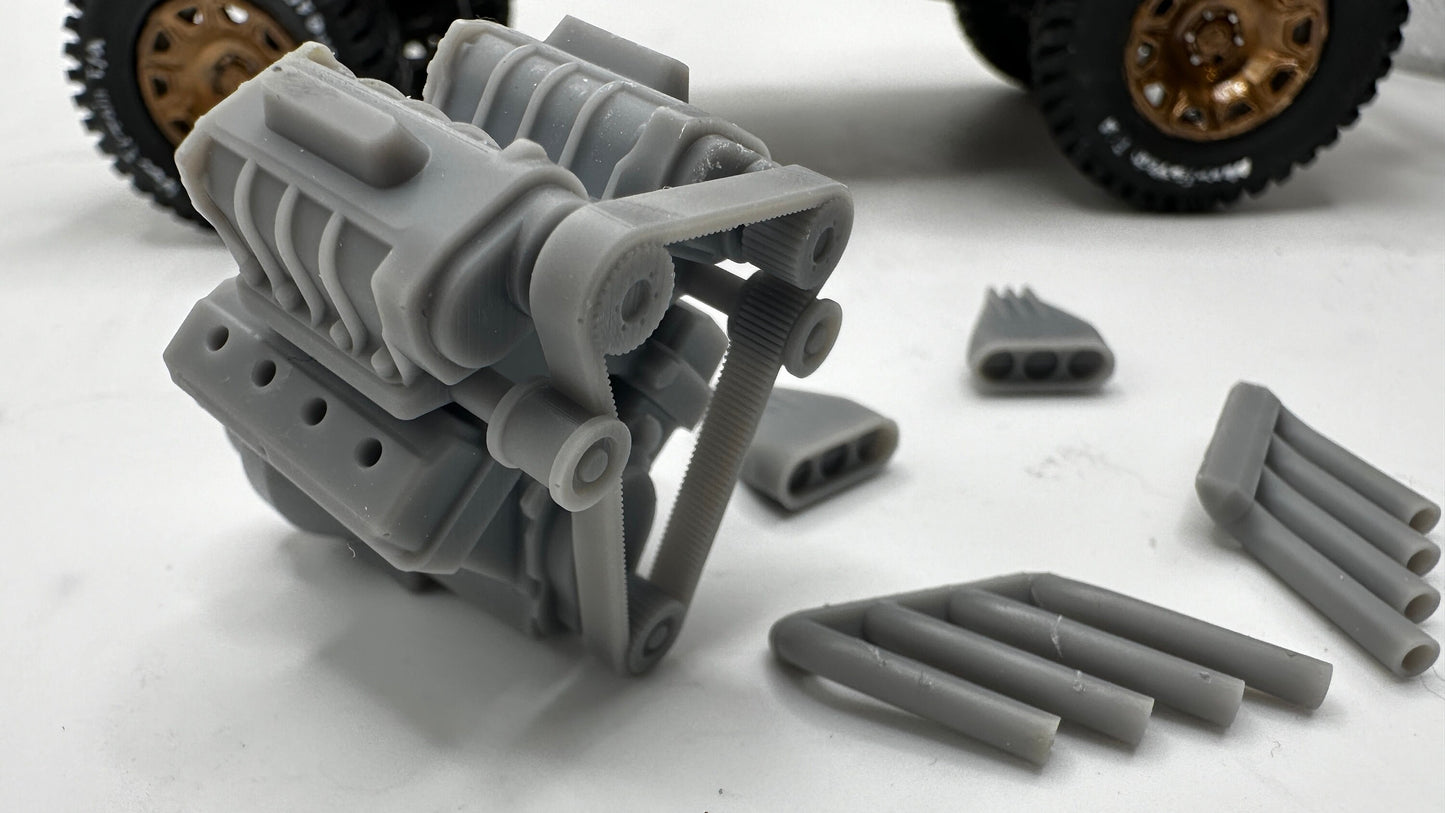 1/25 scale, dual supercharger, hemi engine 3d printed. This engine does not completely assemble. Only the five parts you see in the pictures